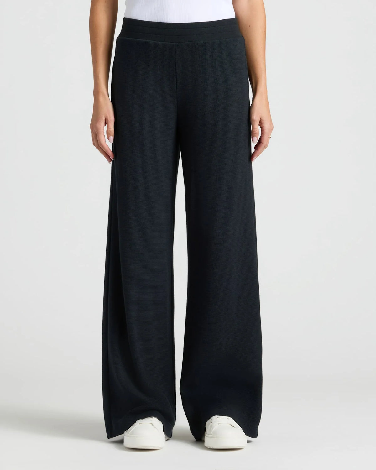 Womens Black Waffle Wide Leg Pants